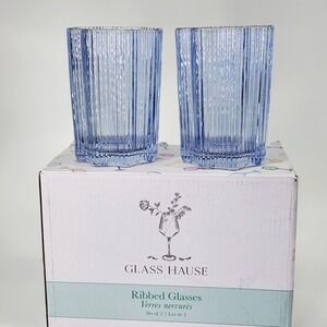 Glass‎ Hause Ribbed Glasses Set of 2 Blue Scalloped Rim Highball Tumblers New
